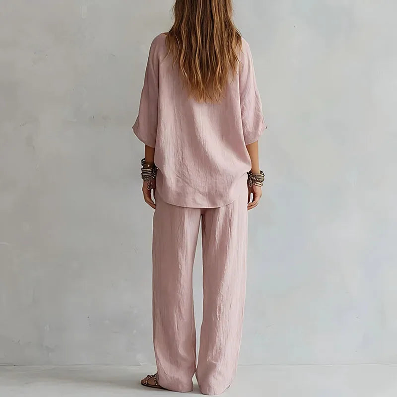 Théa | Off-Shoulder Three-Quarter Sleeve Top & Wide Leg Pants Set
