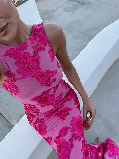 Sleeveless floral maxi dress showing high neckline