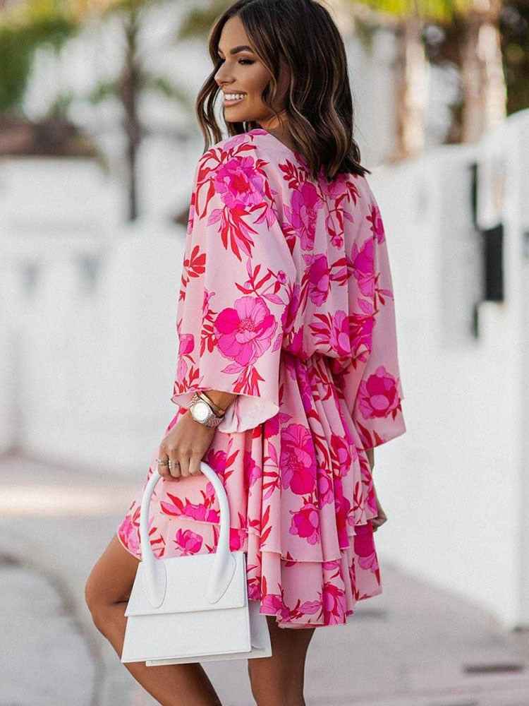 Florine | Floral V-Neck Wrap Mini Dress with Ruffles