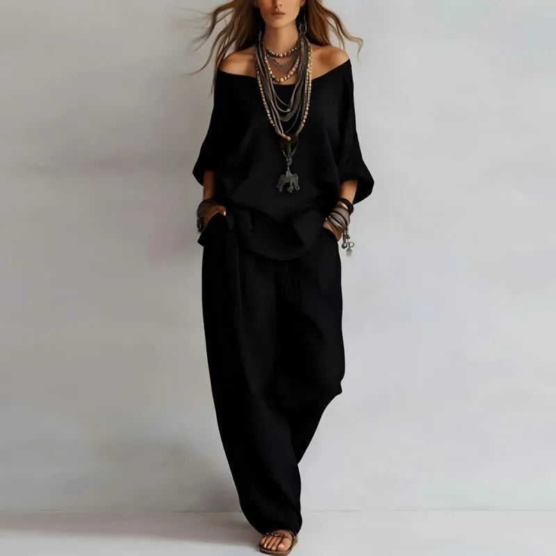 Théa | Off-Shoulder Three-Quarter Sleeve Top & Wide Leg Pants Set