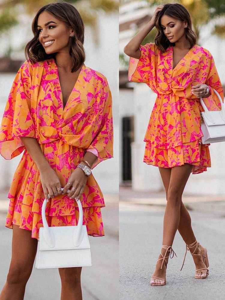 Florine | Floral V-Neck Wrap Mini Dress with Ruffles