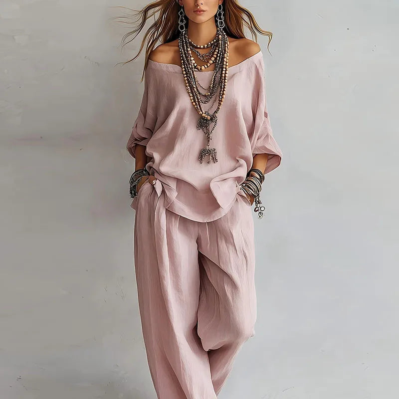 Théa | Off-Shoulder Three-Quarter Sleeve Top & Wide Leg Pants Set