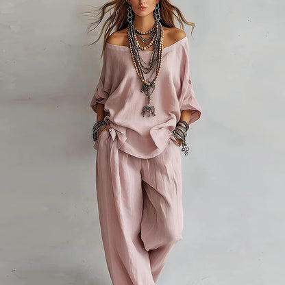 Théa | Off-Shoulder Three-Quarter Sleeve Top & Wide Leg Pants Set