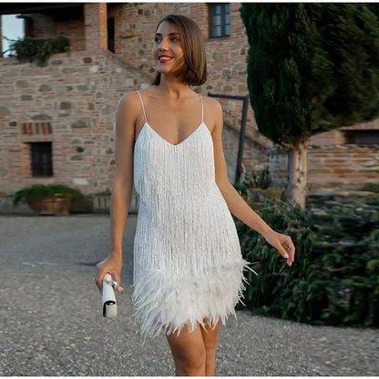 Annika sequin mini dress feather hem detail