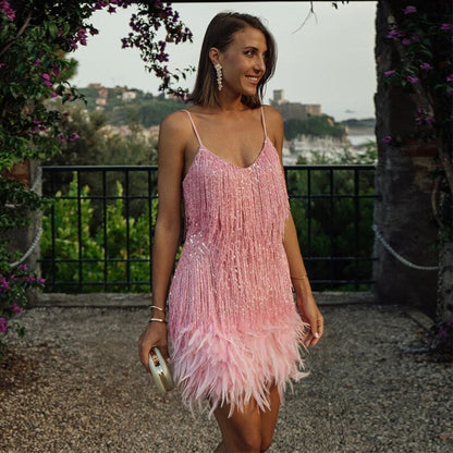 Annika spaghetti strap sequin dress styling view