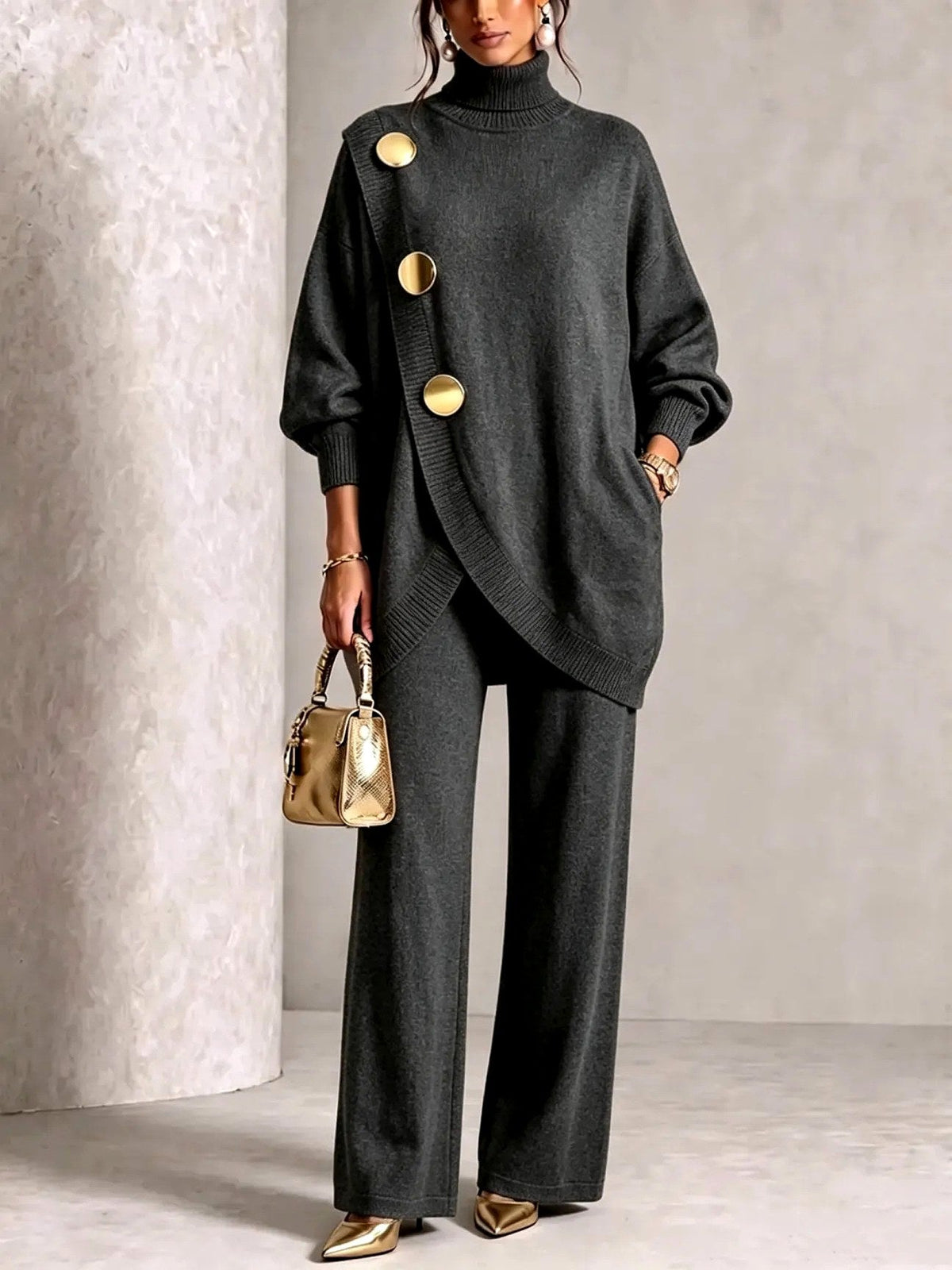 Hedda turtleneck sweater and wide-leg pants set, view 2