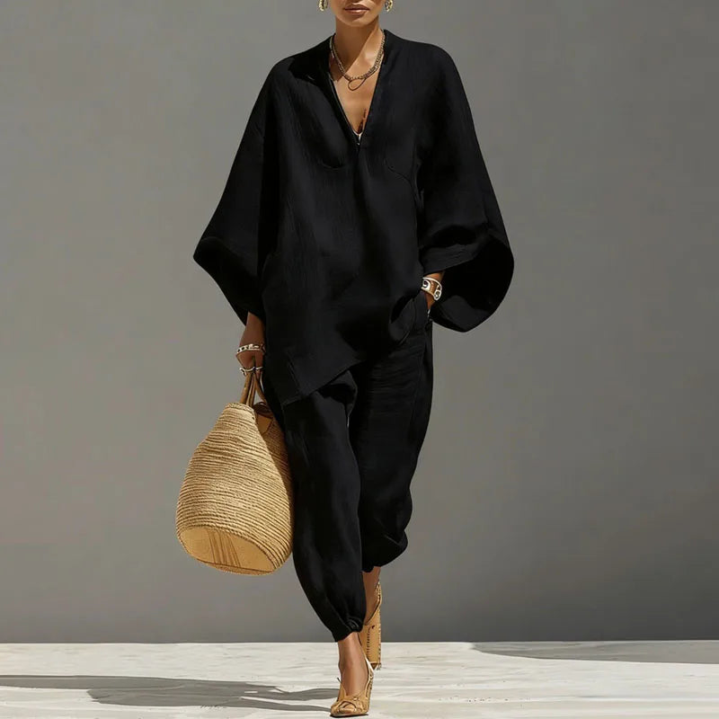 Léonie | Deep V-Neck Batwing Sleeve Top & Tapered Pants Set
