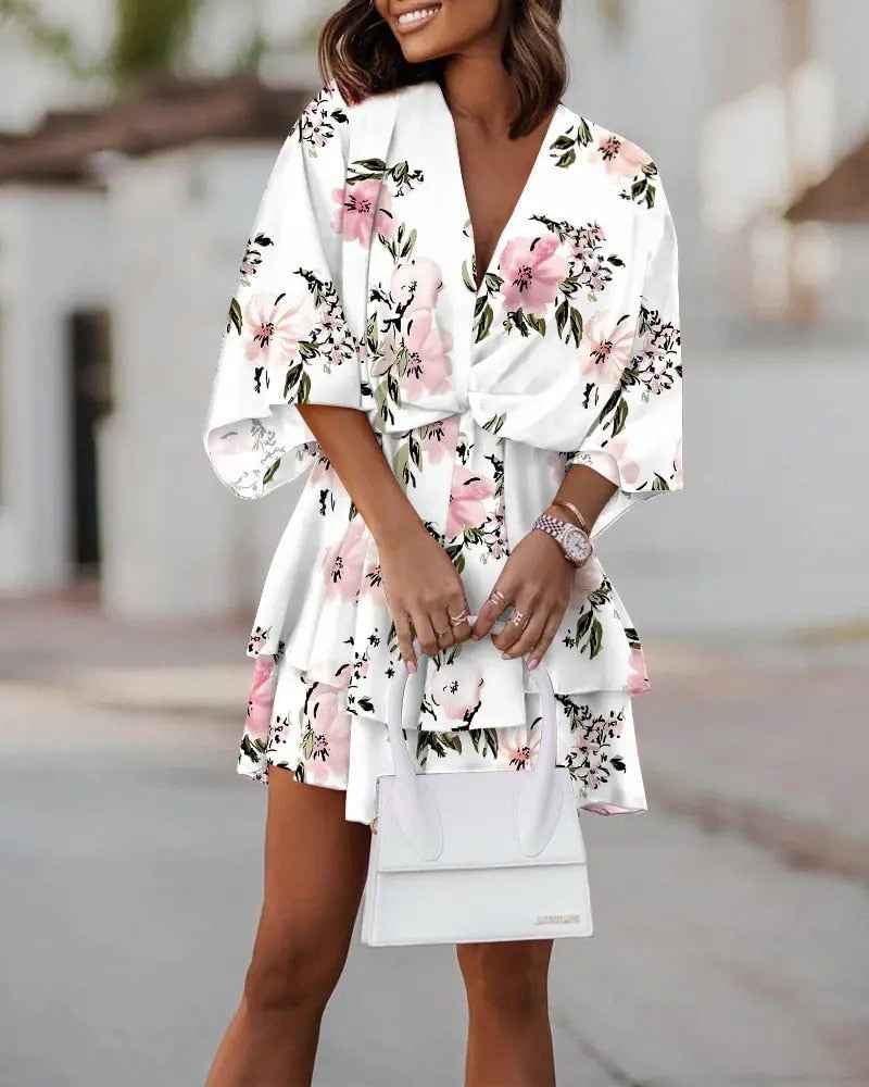 Florine | Floral V-Neck Wrap Mini Dress with Ruffles