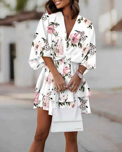 Florine | Floral V-Neck Wrap Mini Dress with Ruffles