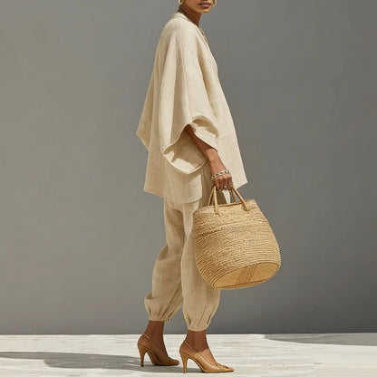 Léonie | Deep V-Neck Batwing Sleeve Top & Tapered Pants Set