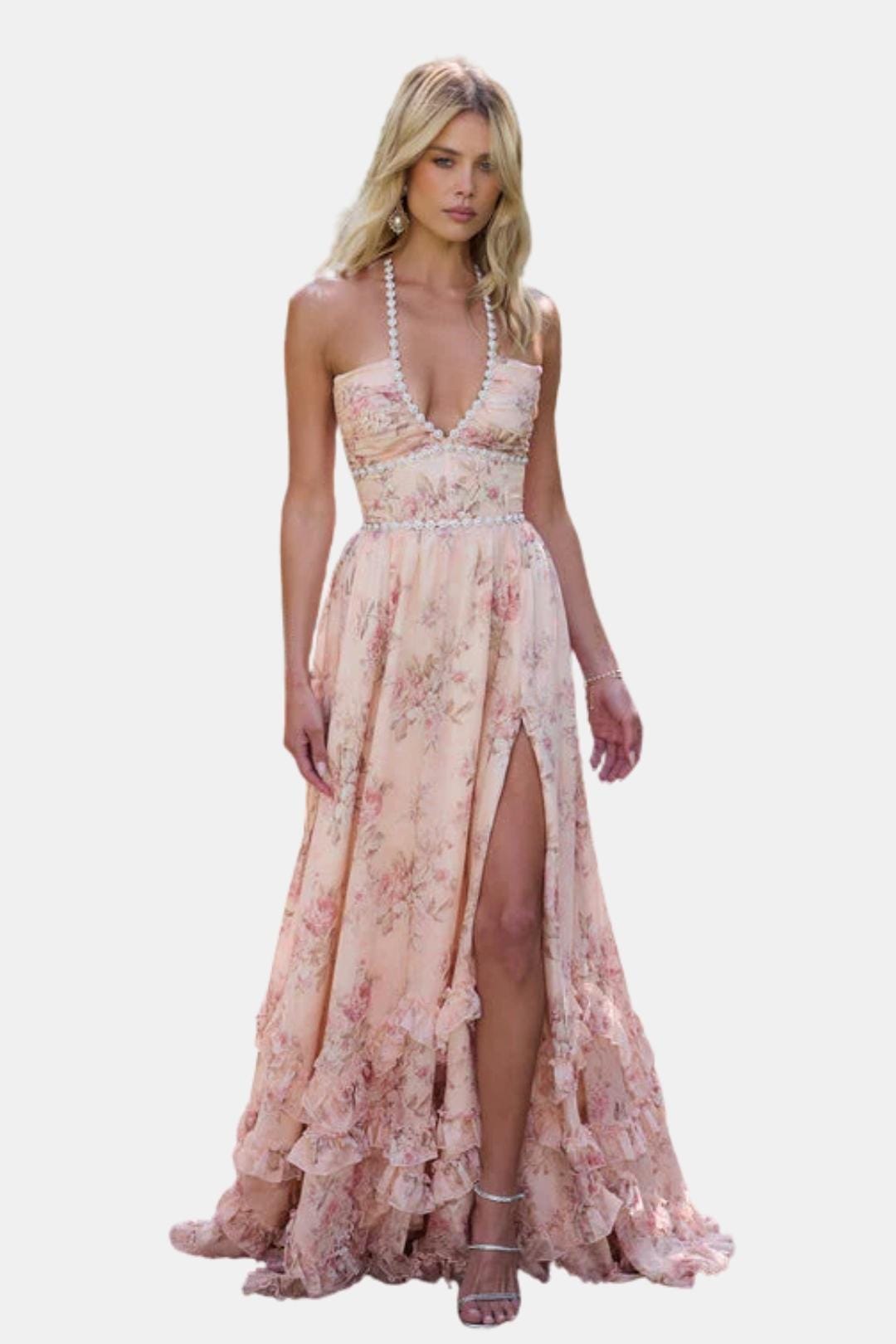 Aurelia | Floral Halter Maxi Dress with Ruffle Hem