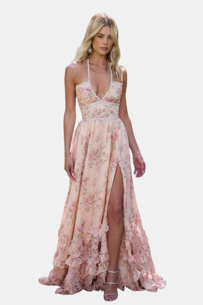 Aurelia | Floral Halter Maxi Dress with Ruffle Hem