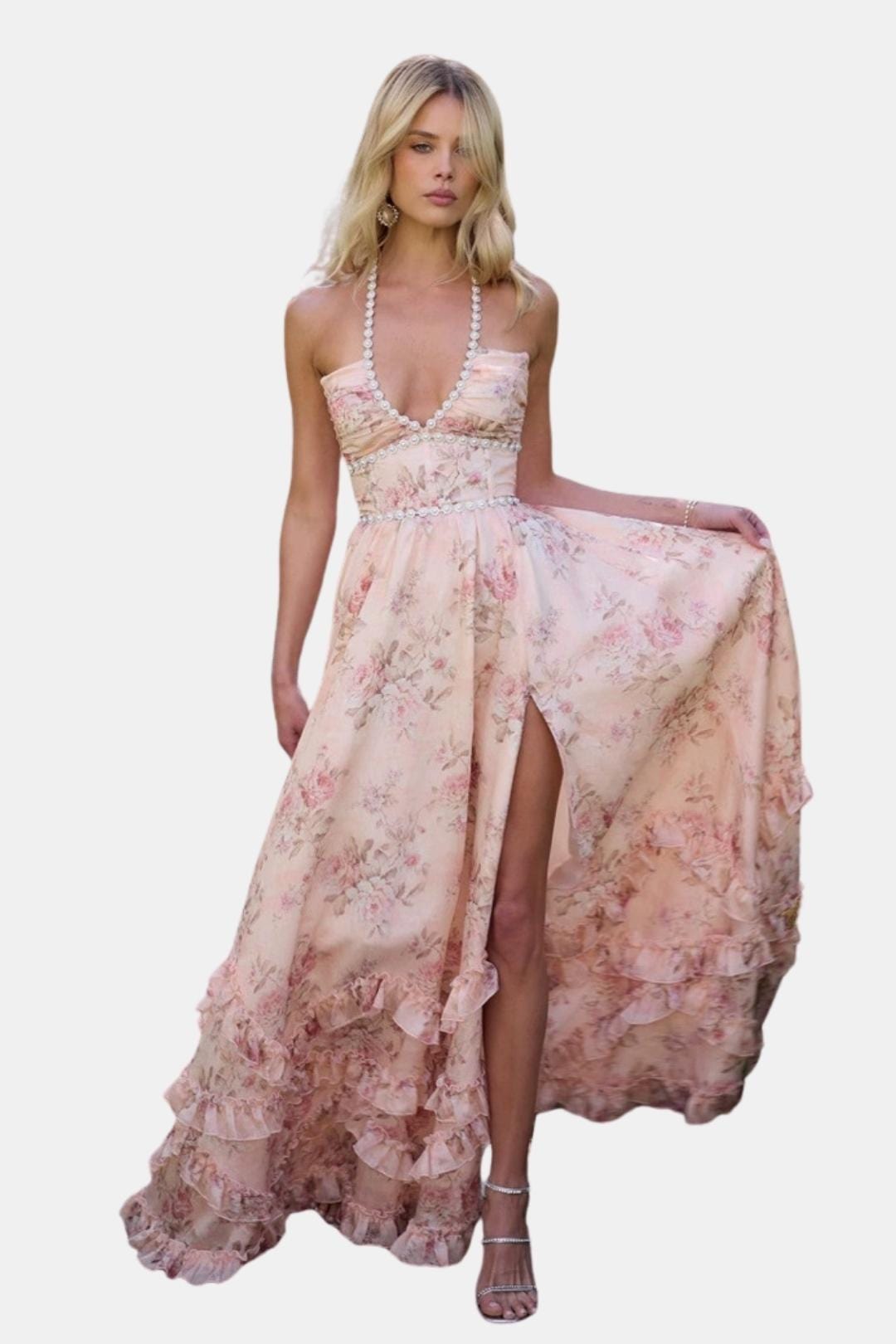 Aurelia | Floral Halter Maxi Dress with Ruffle Hem