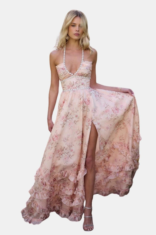 Aurelia | Floral Halter Maxi Dress with Ruffle Hem