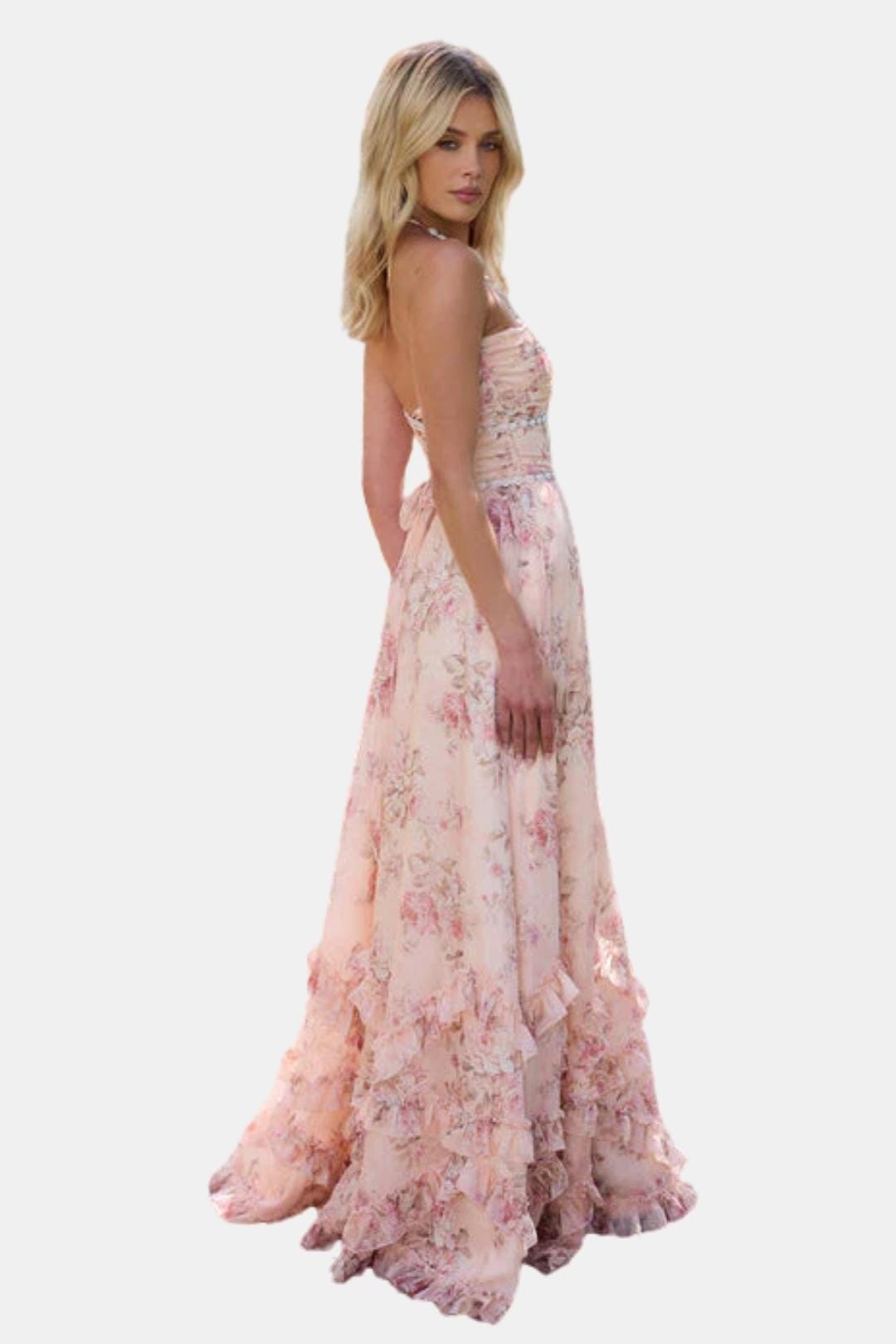 Aurelia | Floral Halter Maxi Dress with Ruffle Hem