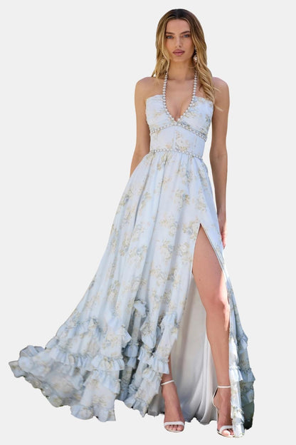 Aurelia | Floral Halter Maxi Dress with Ruffle Hem