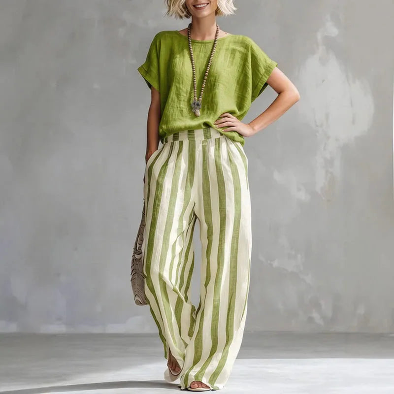 Rosalie | Short Sleeve Crew Neck Top & Striped Wide Leg Trousers Set