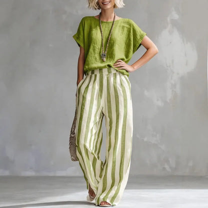 Rosalie | Short Sleeve Crew Neck Top & Striped Wide Leg Trousers Set