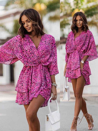 Florine | Floral V-Neck Wrap Mini Dress with Ruffles