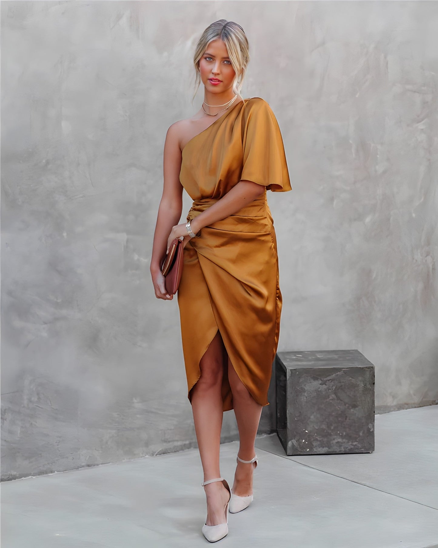 Isabella satin one-shoulder wrap dress