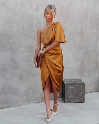 Isabella satin one-shoulder wrap dress