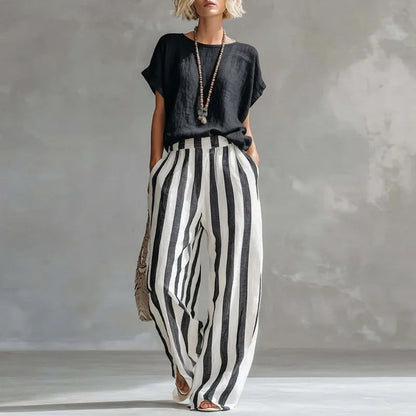 Rosalie | Short Sleeve Crew Neck Top & Striped Wide Leg Trousers Set
