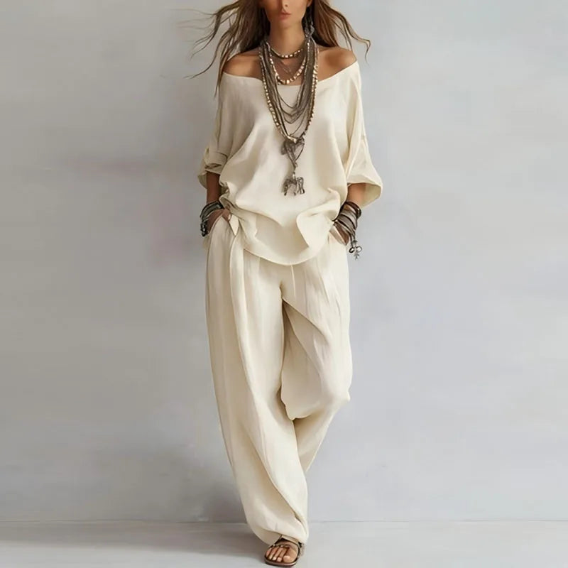 Théa | Off-Shoulder Three-Quarter Sleeve Top & Wide Leg Pants Set