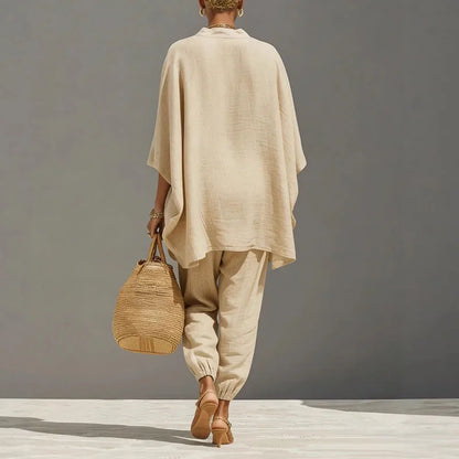 Léonie | Deep V-Neck Batwing Sleeve Top & Tapered Pants Set
