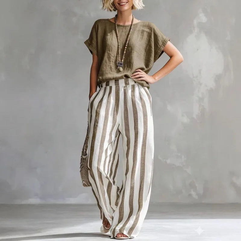 Rosalie | Short Sleeve Crew Neck Top & Striped Wide Leg Trousers Set