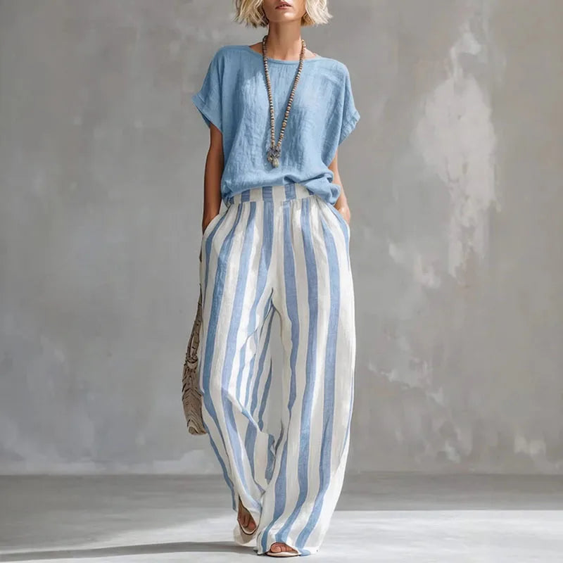 Rosalie | Short Sleeve Crew Neck Top & Striped Wide Leg Trousers Set