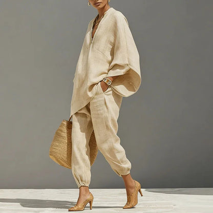 Léonie | Deep V-Neck Batwing Sleeve Top & Tapered Pants Set