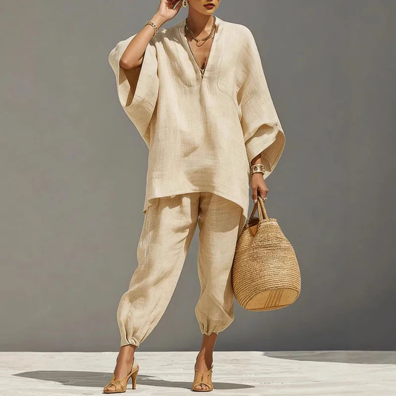Léonie | Deep V-Neck Batwing Sleeve Top & Tapered Pants Set