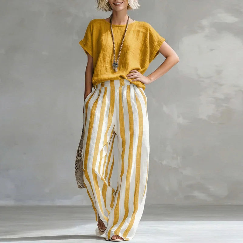 Rosalie | Short Sleeve Crew Neck Top & Striped Wide Leg Trousers Set