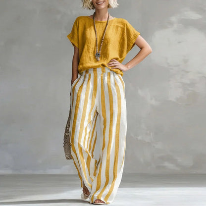 Rosalie | Short Sleeve Crew Neck Top & Striped Wide Leg Trousers Set