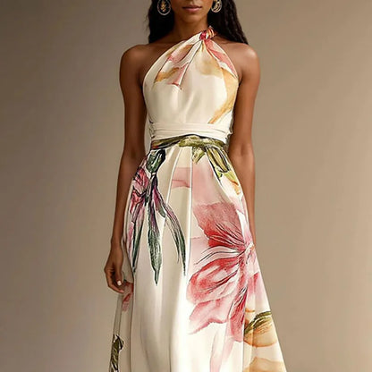 Floral maxi dress showing halter neckline