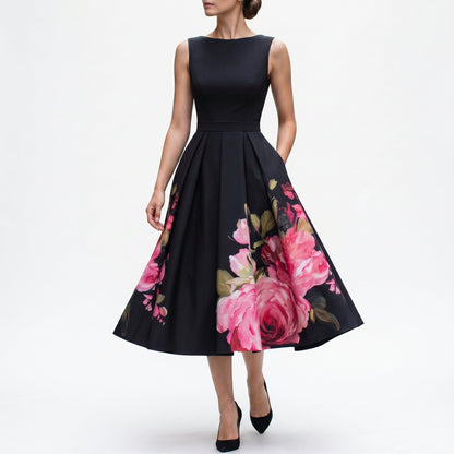 Black cocktail midi dress with floral skirt