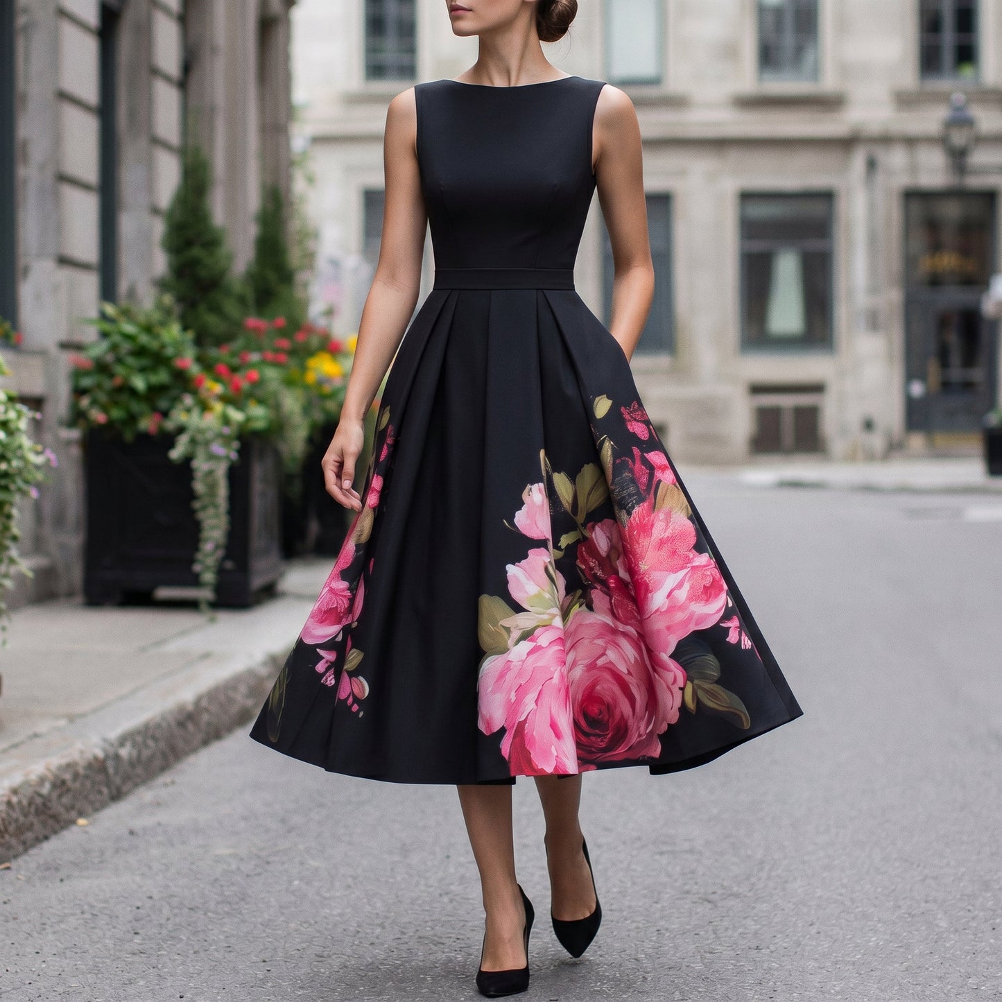 Black midi dress with pleated floral skirt