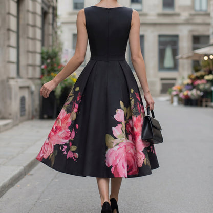 Black floral-skirt cocktail midi side view