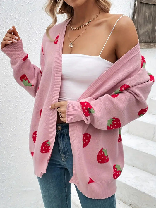 Poppy strawberry print knit sweater for women