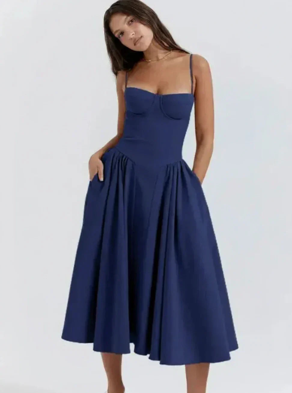 Cream A-line midi dress front view