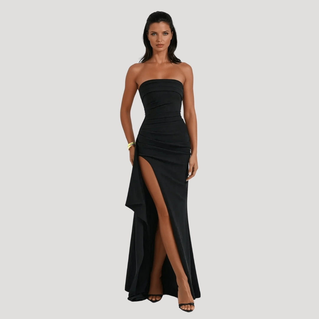 Strapless maxi dress showing ruched bodice
