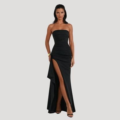 Strapless maxi dress showing ruched bodice