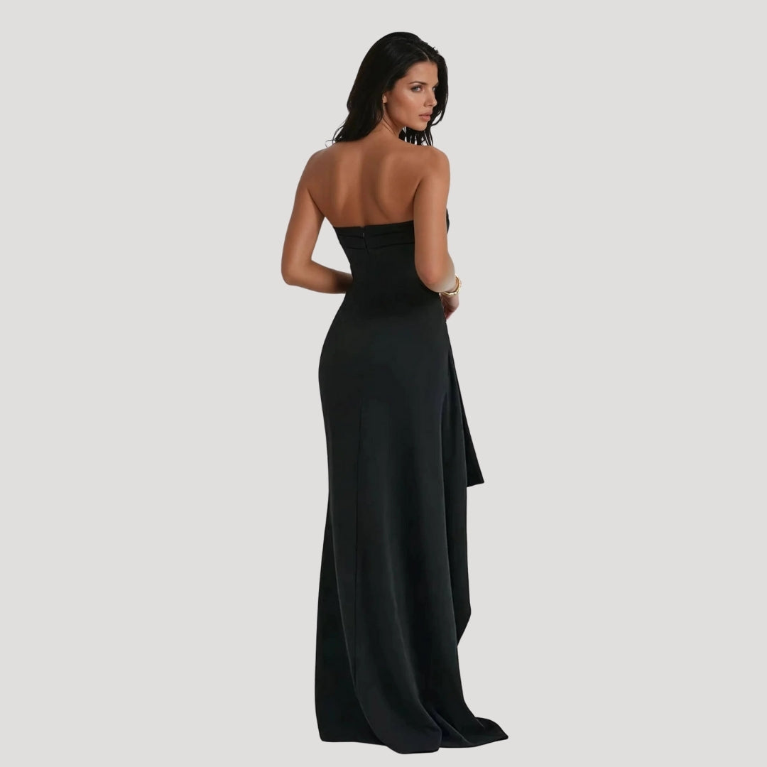 Ruched satin maxi dress, side view