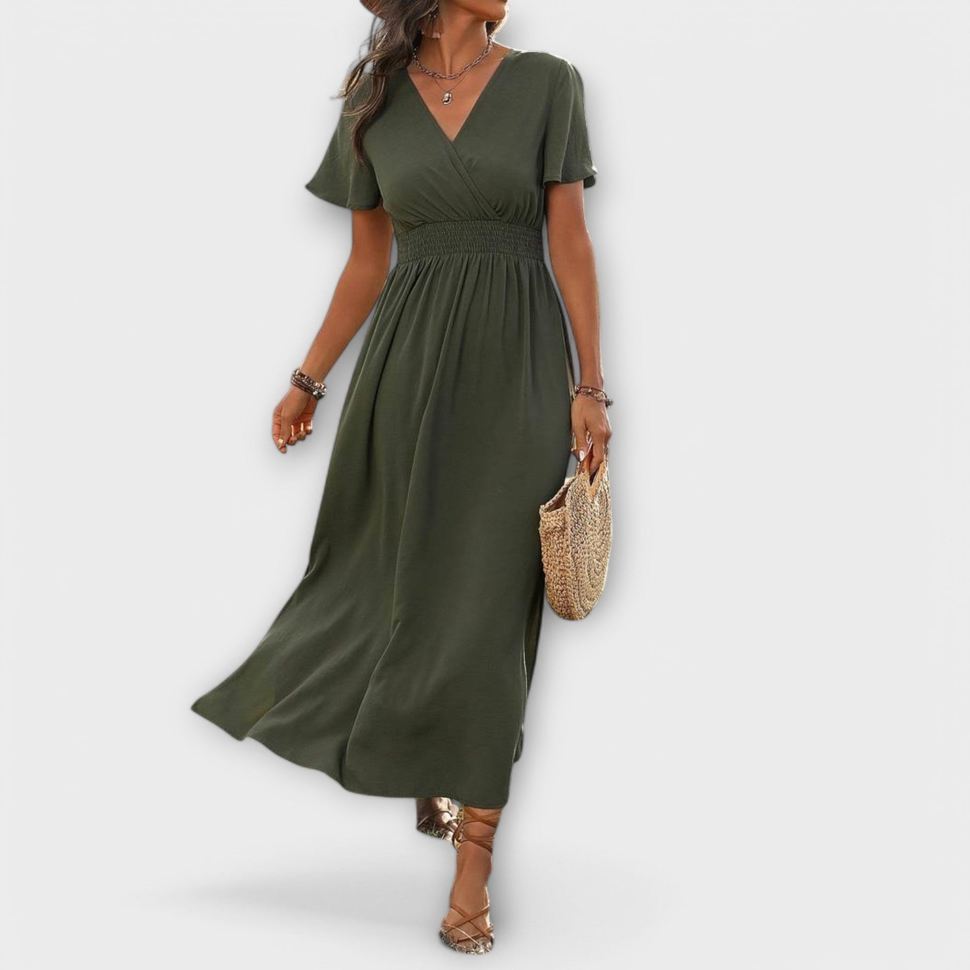 V-neck long-sleeve dress, side view