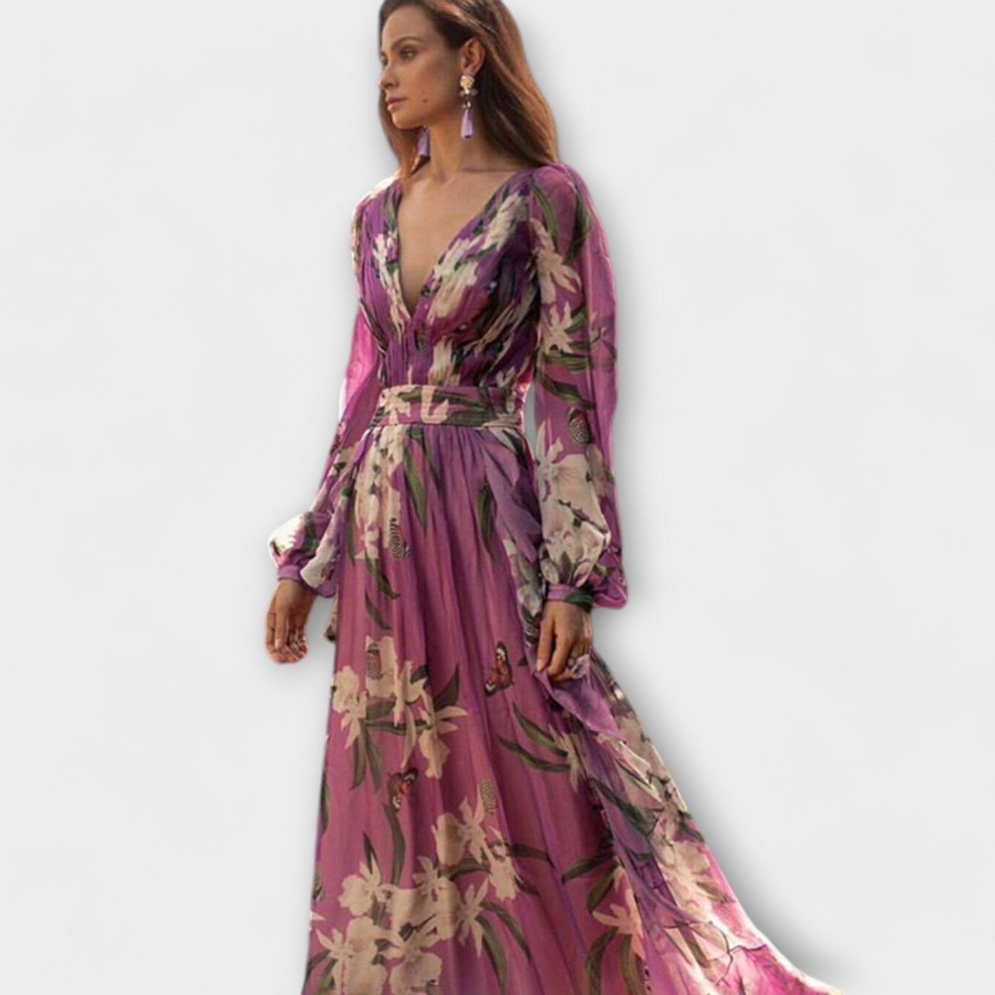 Long-sleeve maxi dress showing flowing skirt