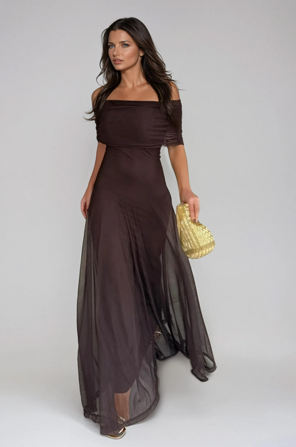 Mirabel | One Shoulder Mesh Overlay Maxi Wedding Guest Dress