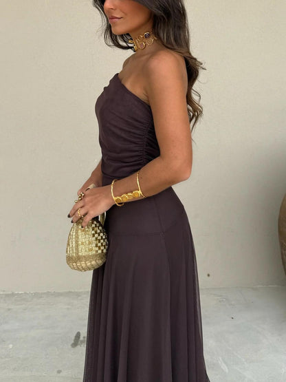 Mirabel | One Shoulder Mesh Overlay Maxi Wedding Guest Dress