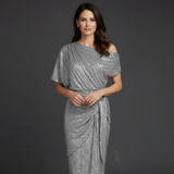 One-shoulder sequin cocktail dress in silver, front view
