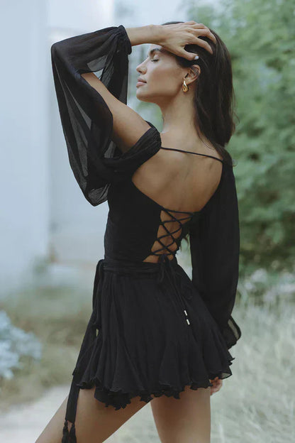 Florencia sheer sleeve wrap mini dress side view