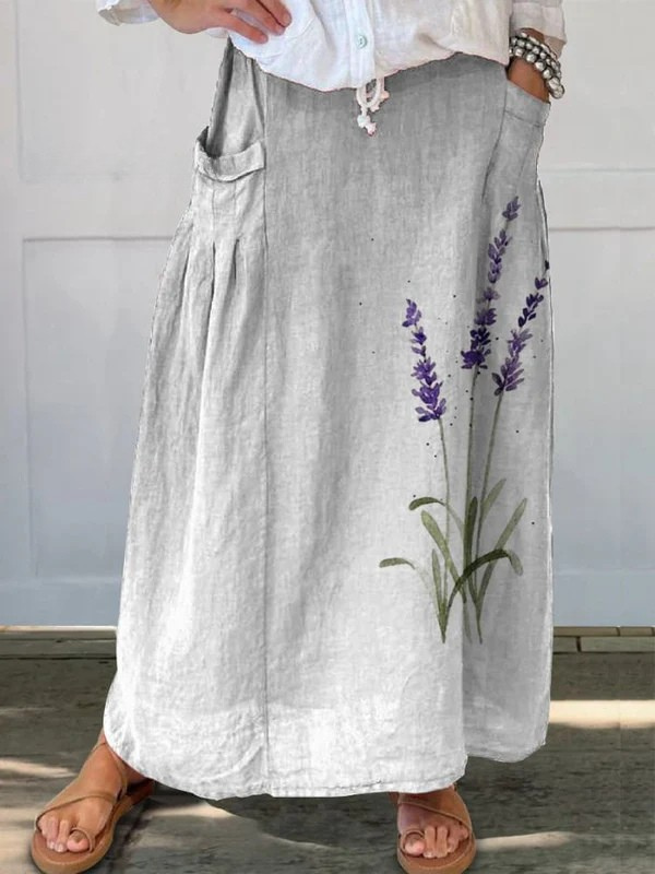 Lila | Watercolor Lavender Floral A-Line Maxi Skirt with Pockets
